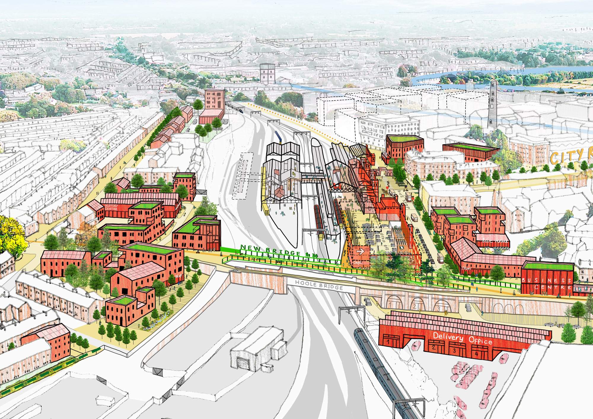 Bird's eye view concept sketch of Chester Gateway